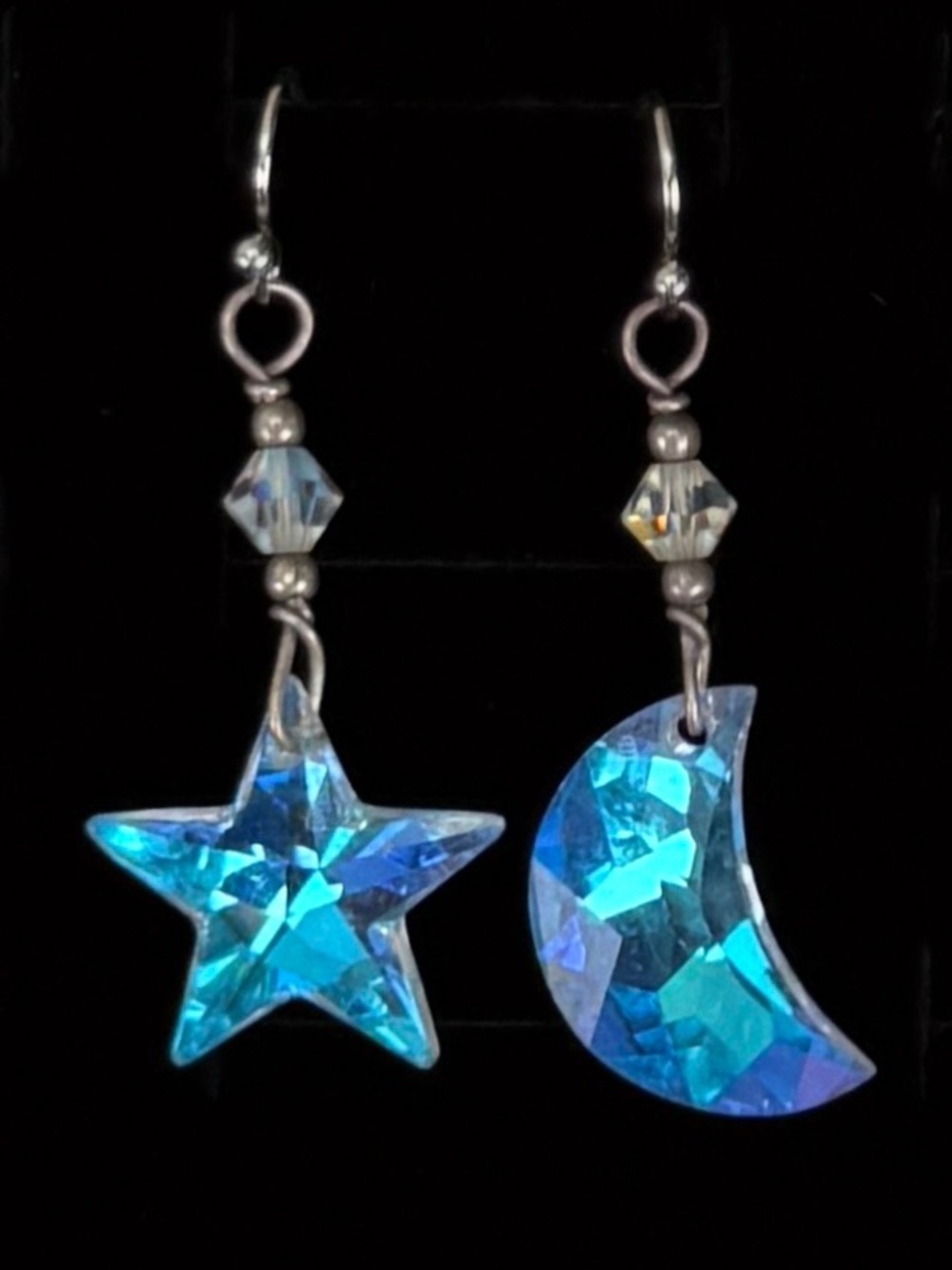 Gorgeous, silvertone, iridescent, reflective star, moon charm pierced earrings